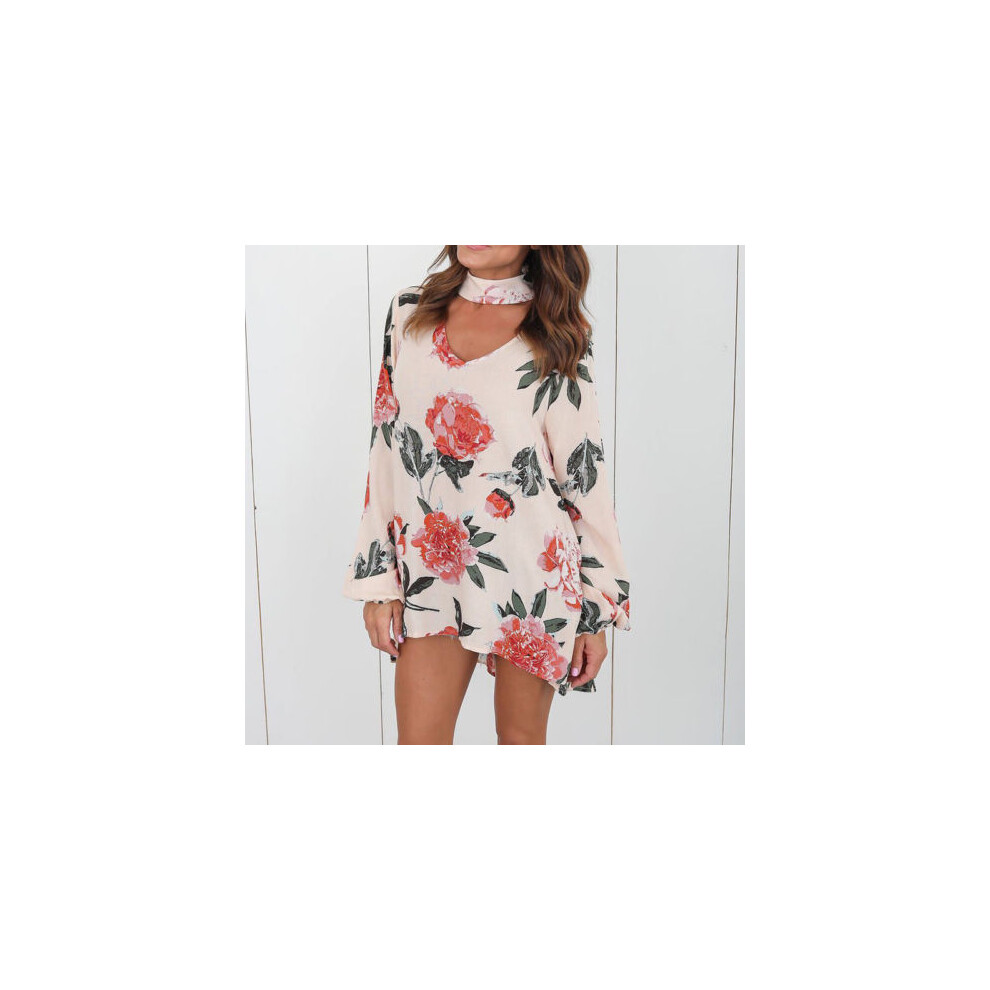 (Beige,Tag 2XL=US L)Chemise Tshirt Chemise Femme Soie Fleurie Col V Haut Longue Casual Blouse Tee