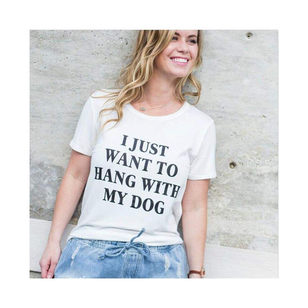 (White,TagXL=US M)Je veux juste accrocher avec mon chien t-shirt t-shirt chien amoureux drôle t-shirts gris