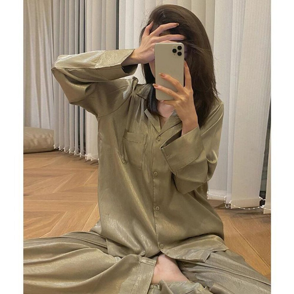 (XL (115-130 Jin), olive green) Women's Celebrity Cardigan Pajama Set - Long Sleeve & Trousers for Spring, Autumn, Winter