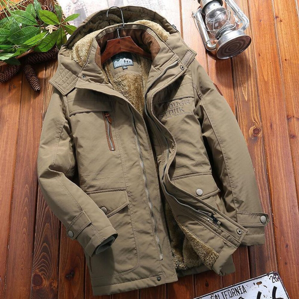 (khaki, XXL) Men's Mid-Length Extra Thick Winter Jacket - Cotton-Padded, Velvet Lined, Warm, Cold-Proof, Windproof & Waterproof.