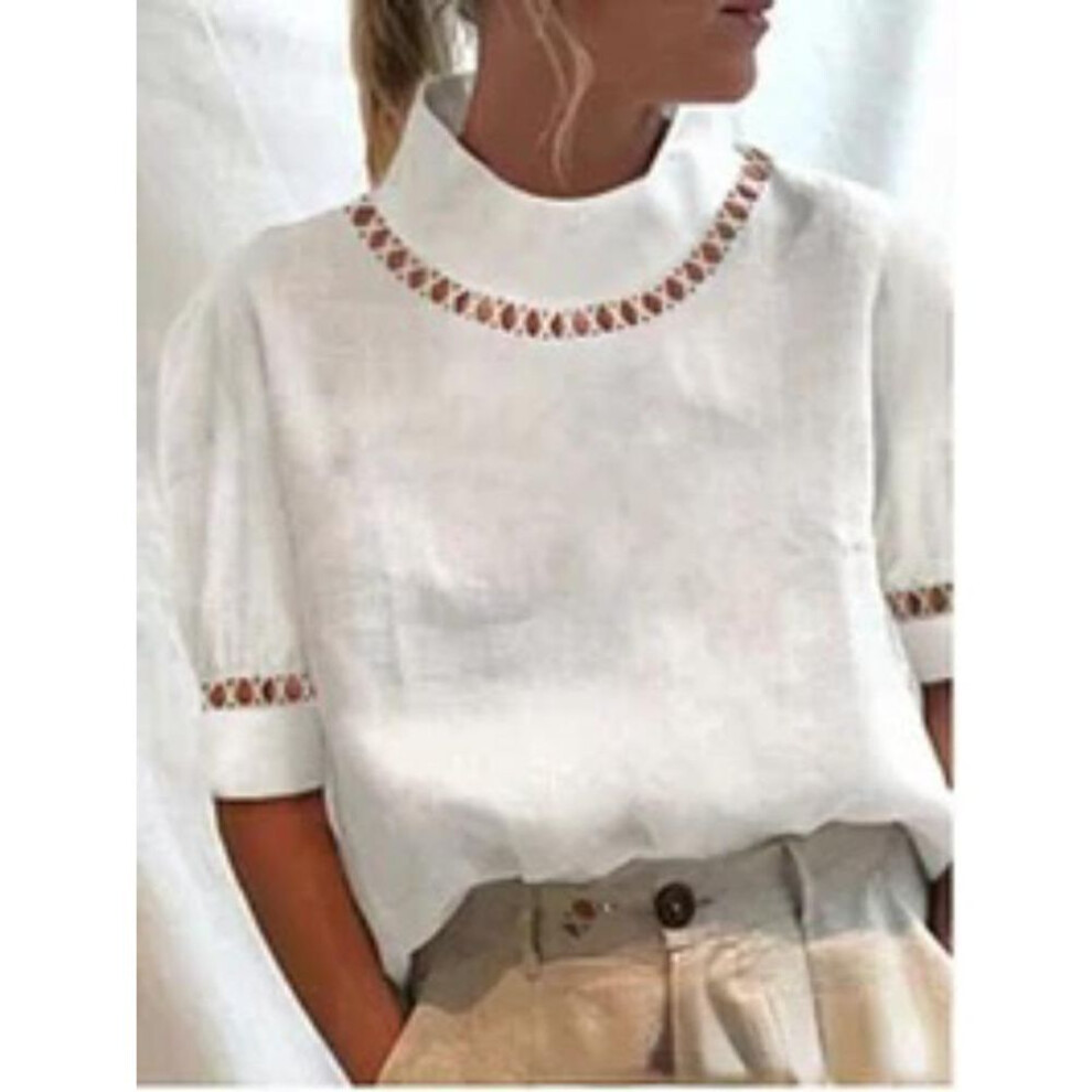 (S, white) Hallow Out Sleeve Blouse Tops Short Sleeve Shirts Stand Neck Casual White Clothing Solid Top Womens Cotton Linen Blouse