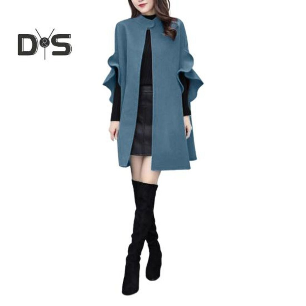 (blue, XXL) Women Winter Overcoat Petal Sleeve Stand Collar A-line Cape Open Stitch Cardigan Mid Length Outdoor Woolen Coat Poncho