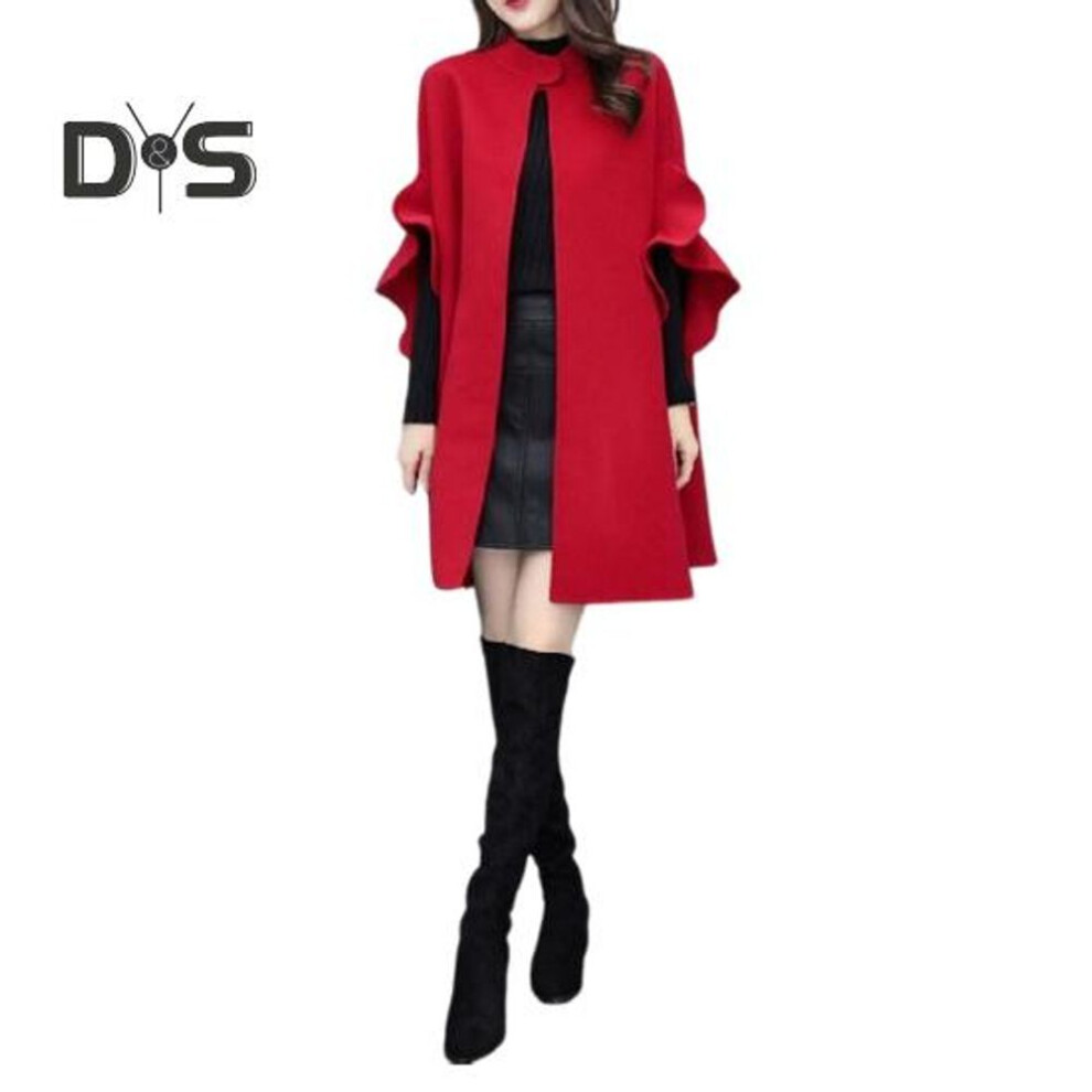 (red, XXL) Women Winter Overcoat Petal Sleeve Stand Collar A-line Cape Open Stitch Cardigan Mid Length Outdoor Woolen Coat Poncho