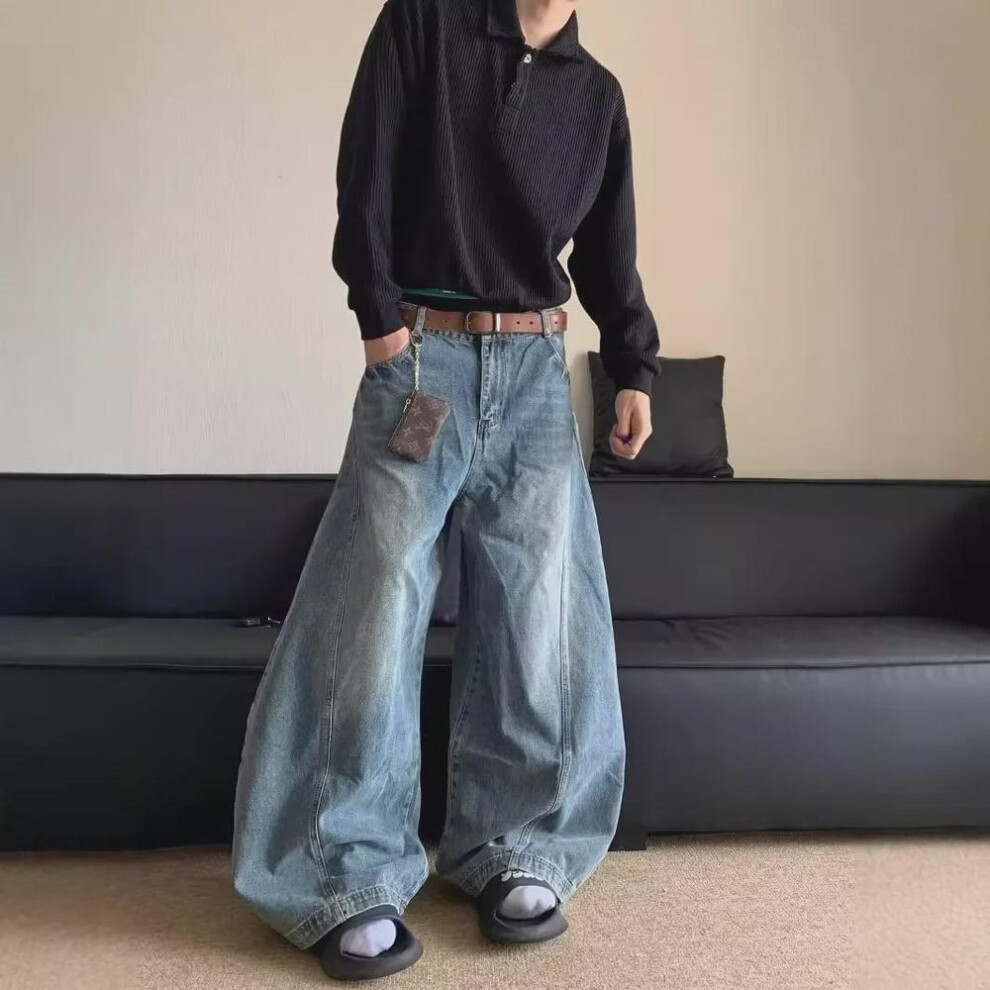 (blue, Large) Men's American Retro Washed Loose Straight Wide-Leg Jeans