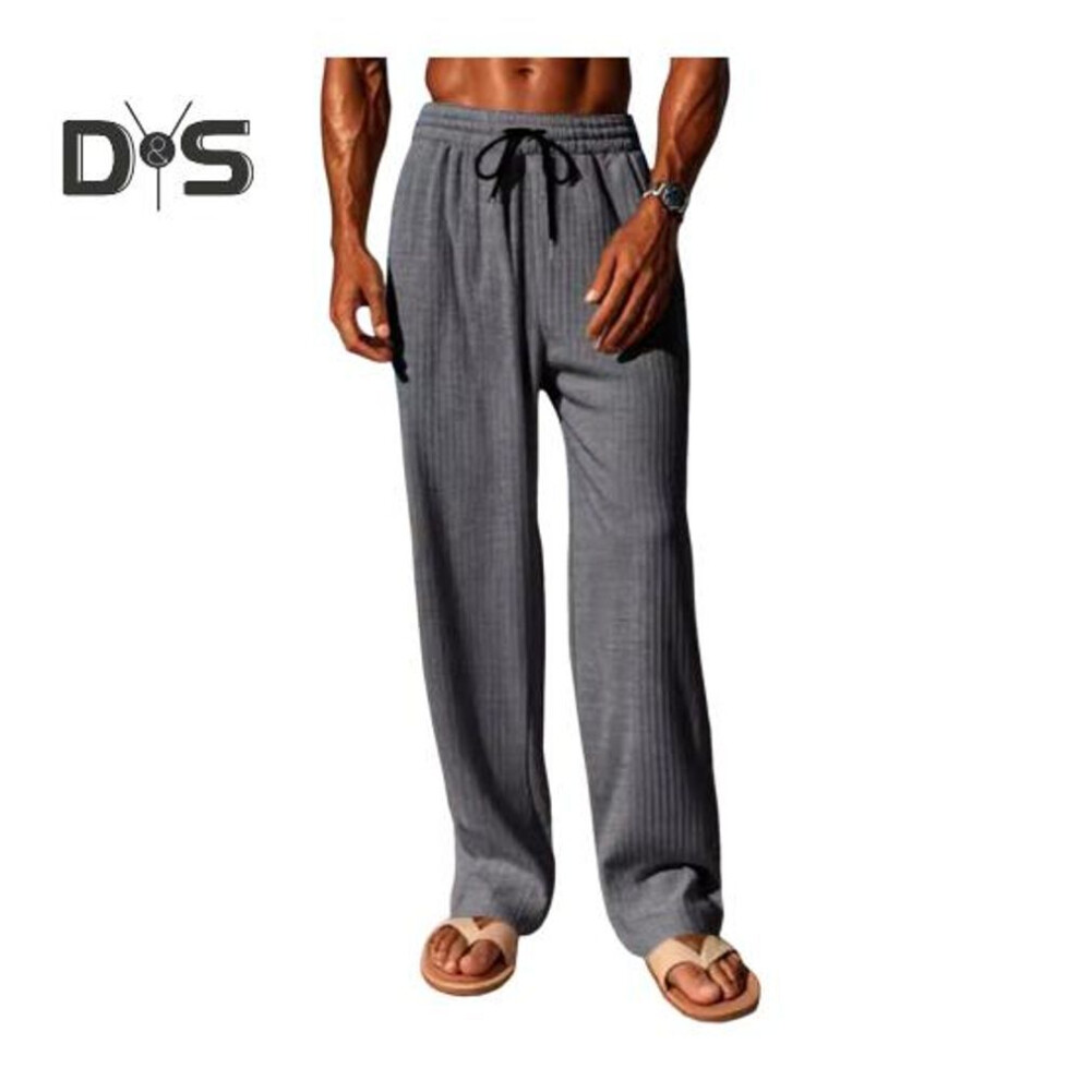 (grey, L) Men Pants Drawstring Adjustable Waist Wide Leg Loose Trousers With Side Pockets Pleated Design Solid Color Casual Full Length Sweatpants