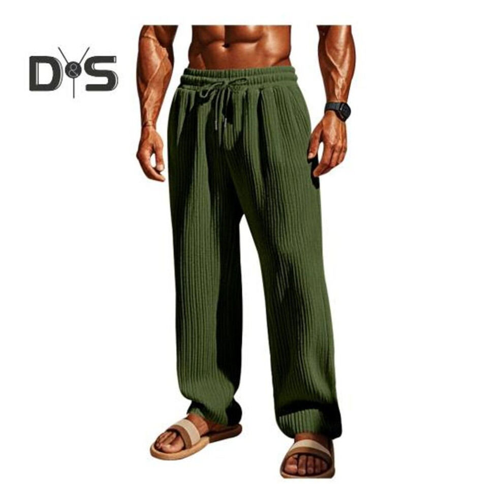 (green, XL) Men Pants Drawstring Adjustable Waist Wide Leg Loose Trousers With Side Pockets Pleated Design Solid Color Casual Full Length Sweatpants