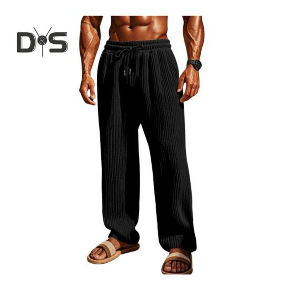 (black, L) Men Pants Drawstring Adjustable Waist Wide Leg Loose Trousers With Side Pockets Pleated Design Solid Color Casual Full Length Sweatpants