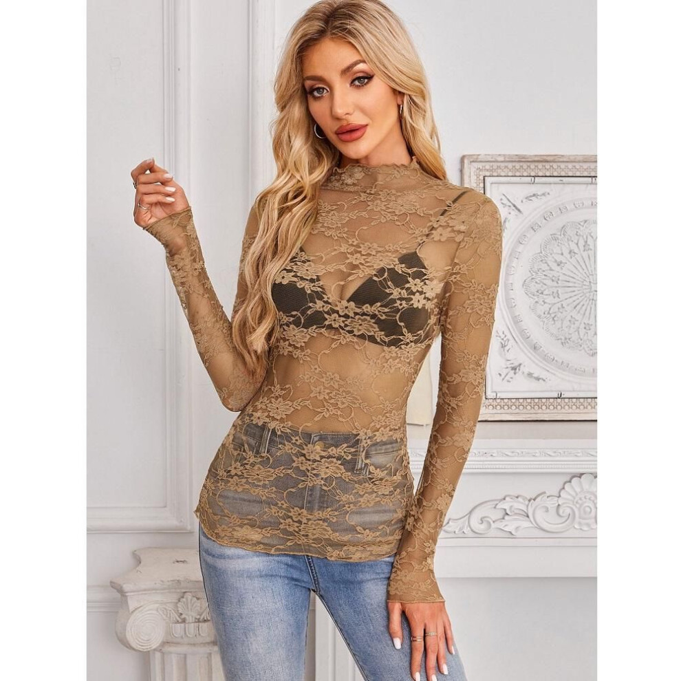 (S, khaki) Women's Mesh Transparent Lace Tops O-neck Long Sleeve Tee Shirts Ladies Slim Fit Floral Embroidery Tops Female Outfit T-shirts