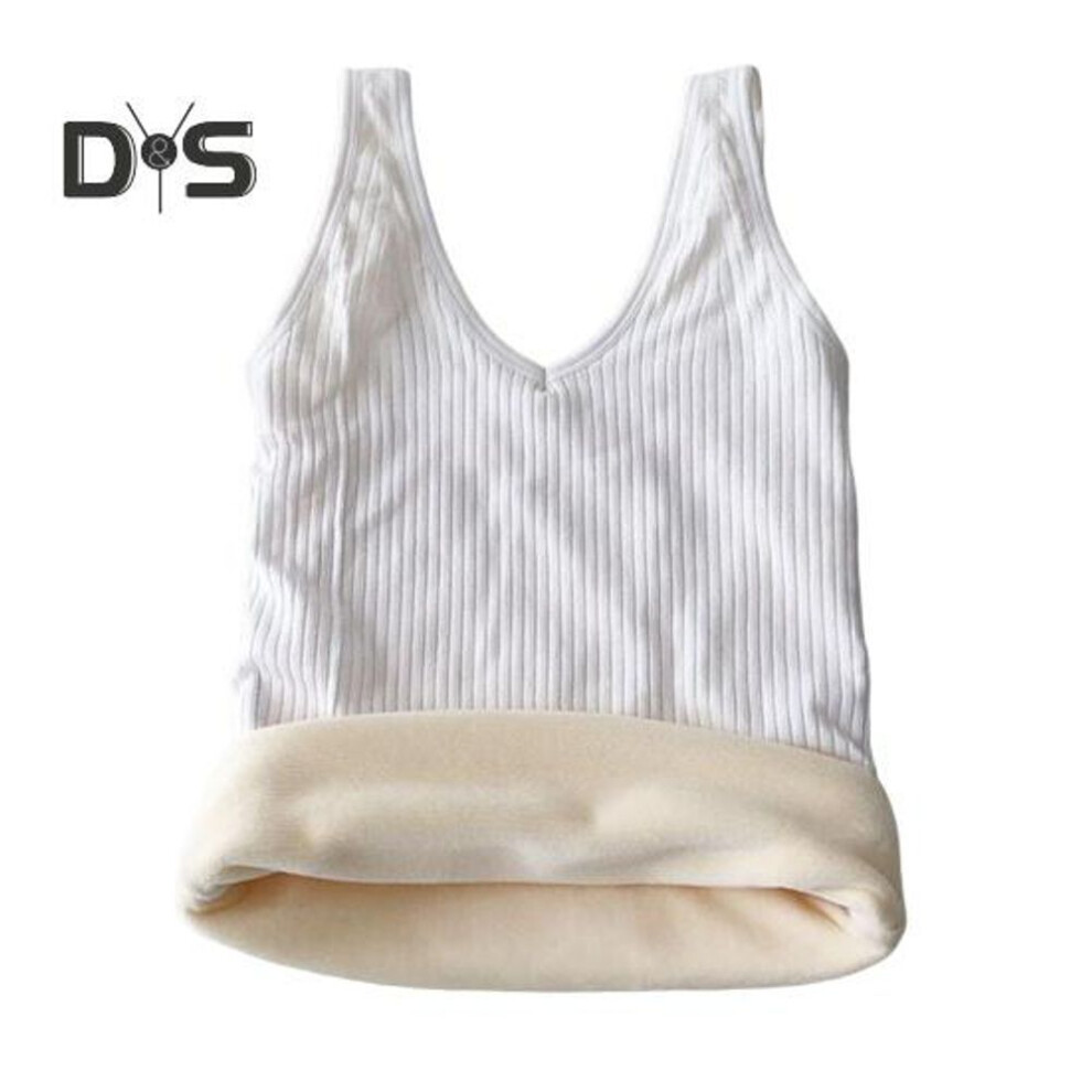 (white) Winter Women Thermal Vest Seamless Thick Plush Fast Temperature Lock V Neck Slim Fit Elastic Sleeveless Inner Wear Bottoming Tank Top
