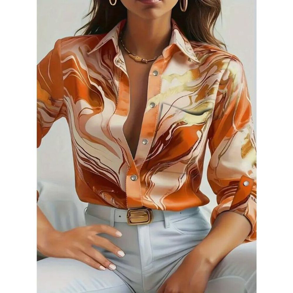 (XXL, orange) YYFS Women's Fashion Casual Spring Fall Colour Block Print Long Sleeve POLO Neck Blouses & Shirts