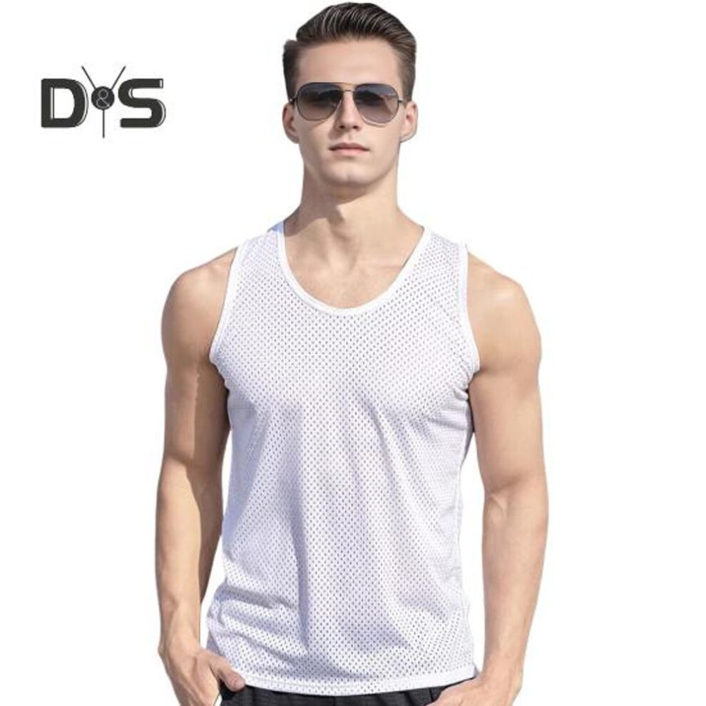 (white, XL) Men Mesh Vest Summer Tank Top Solid Color Round Neck Sleeveless Singlet Slim Fit Muscle Fitness Shirt for Gym Streetwear