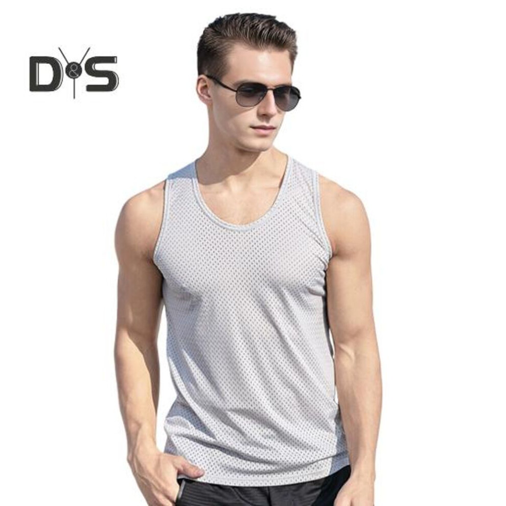 (grey, 5XL) Men Mesh Vest Summer Tank Top Solid Color Round Neck Sleeveless Singlet Slim Fit Muscle Fitness Shirt for Gym Streetwear
