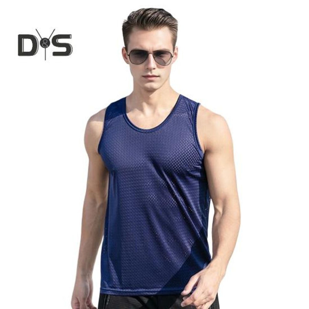 (navy blue, 5XL) Men Mesh Vest Summer Tank Top Solid Color Round Neck Sleeveless Singlet Slim Fit Muscle Fitness Shirt For Gym Streetwear