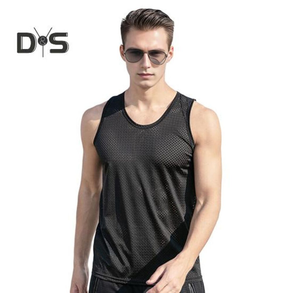 (black, 4XL) Men Mesh Vest Summer Tank Top Solid Color Round Neck Sleeveless Singlet Slim Fit Muscle Fitness Shirt for Gym Streetwear