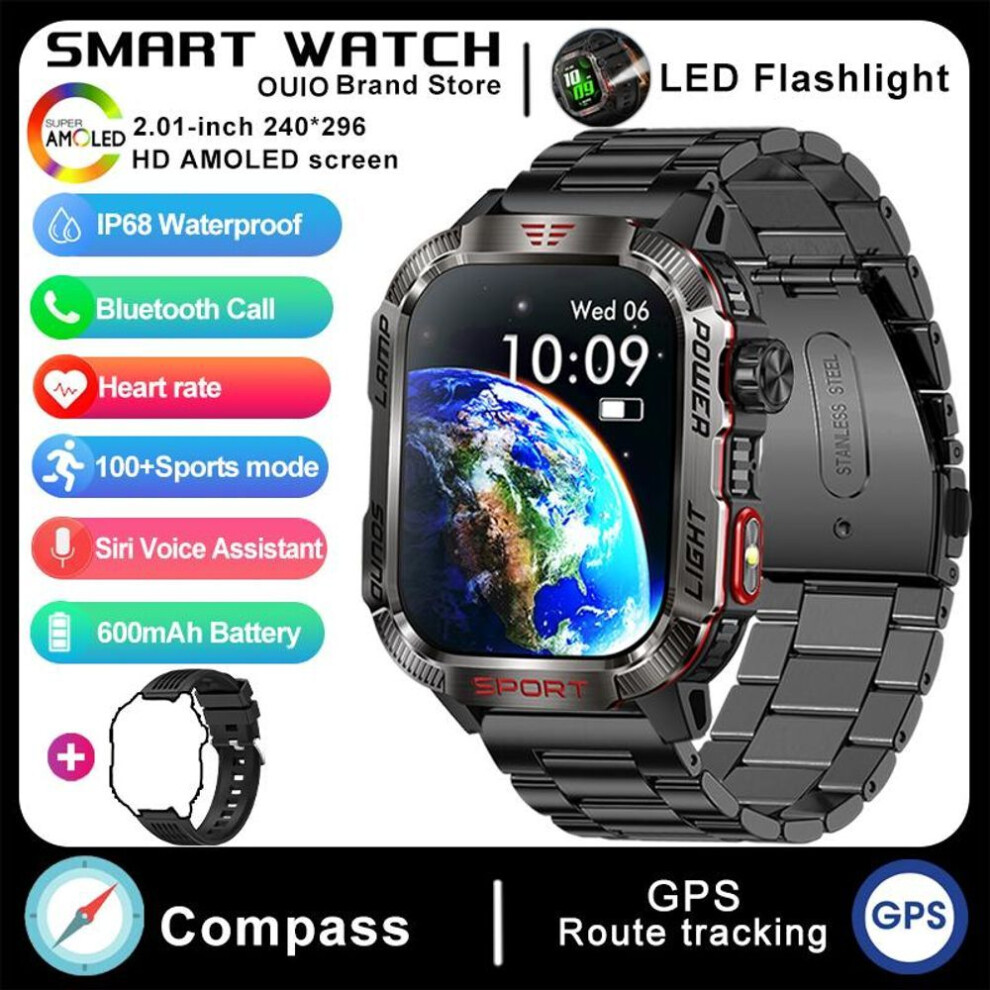 (black, Silicone+steel) 2025 600mAh Battery Rechargeable Smart Watch Men For All Smartphone Connections With LED Flashlight Waterproof Smartwatch Sports