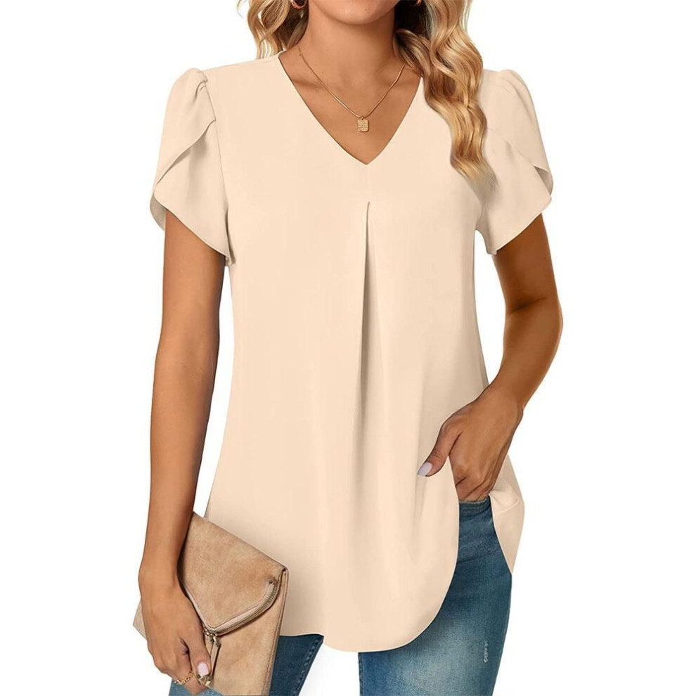 (S, khaki) V Neck Ruffle Short Sleeve Blouse Shirts Summer Women V Neck Solid Color Loose OL Workout Blouse Tops SZE-ST23015