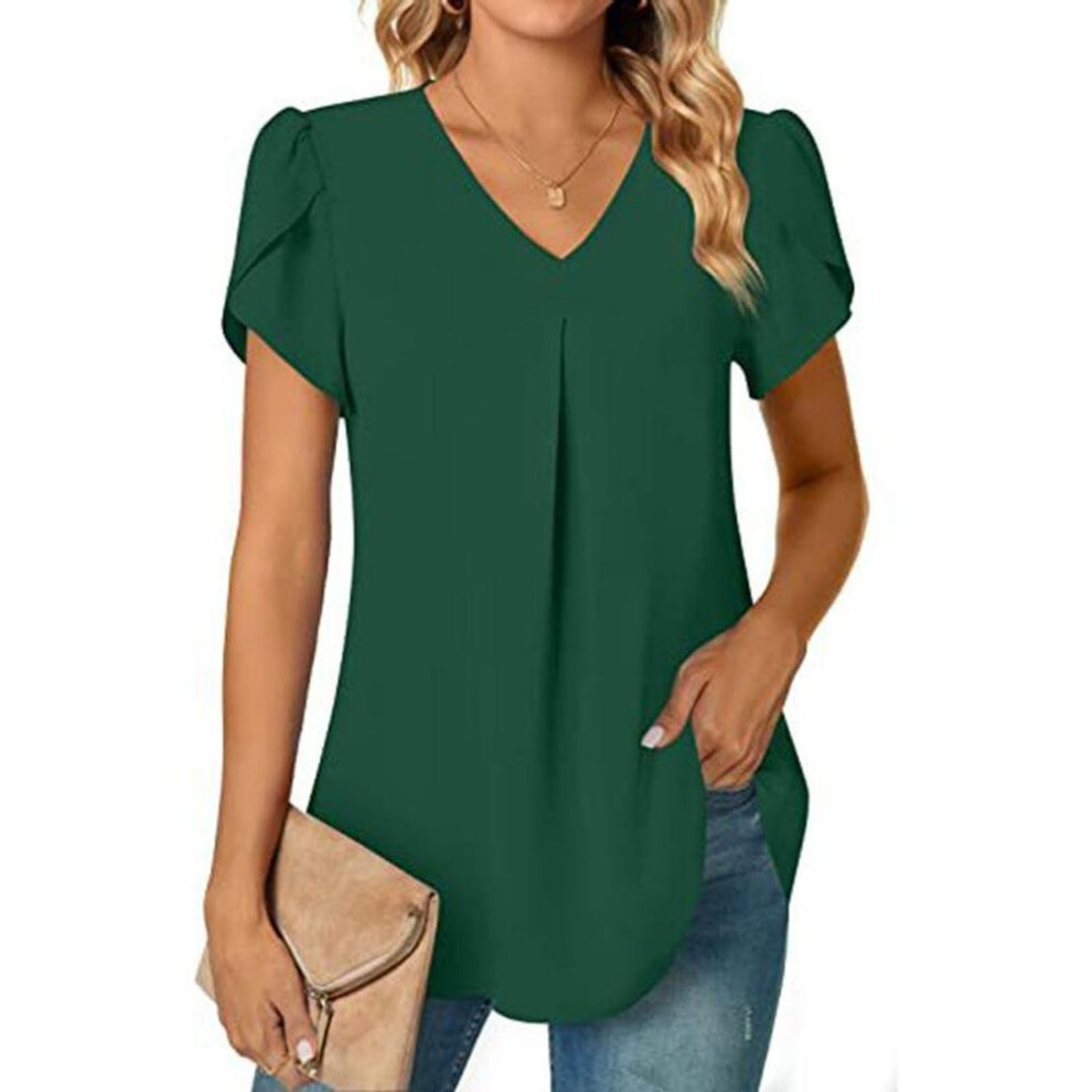 (M, green) V Neck Ruffle Short Sleeve Blouse Shirts Summer Women V Neck Solid Color Loose OL Workout Blouse Tops SZE-ST23015