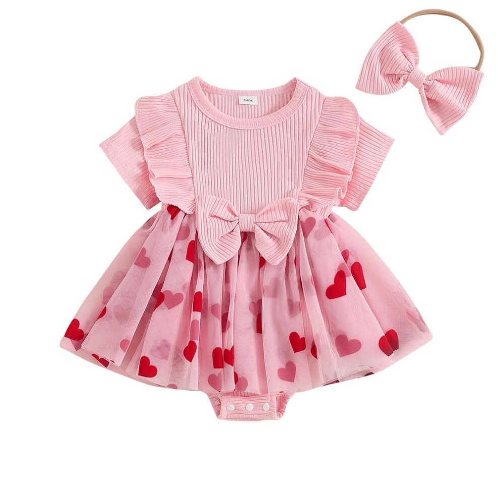(pink, 12-18 Months) Baby Girl Valentines Day Romper Dress Short Sleeve Heart Print Tulle Skirt Jumpsuit With Bow Headband