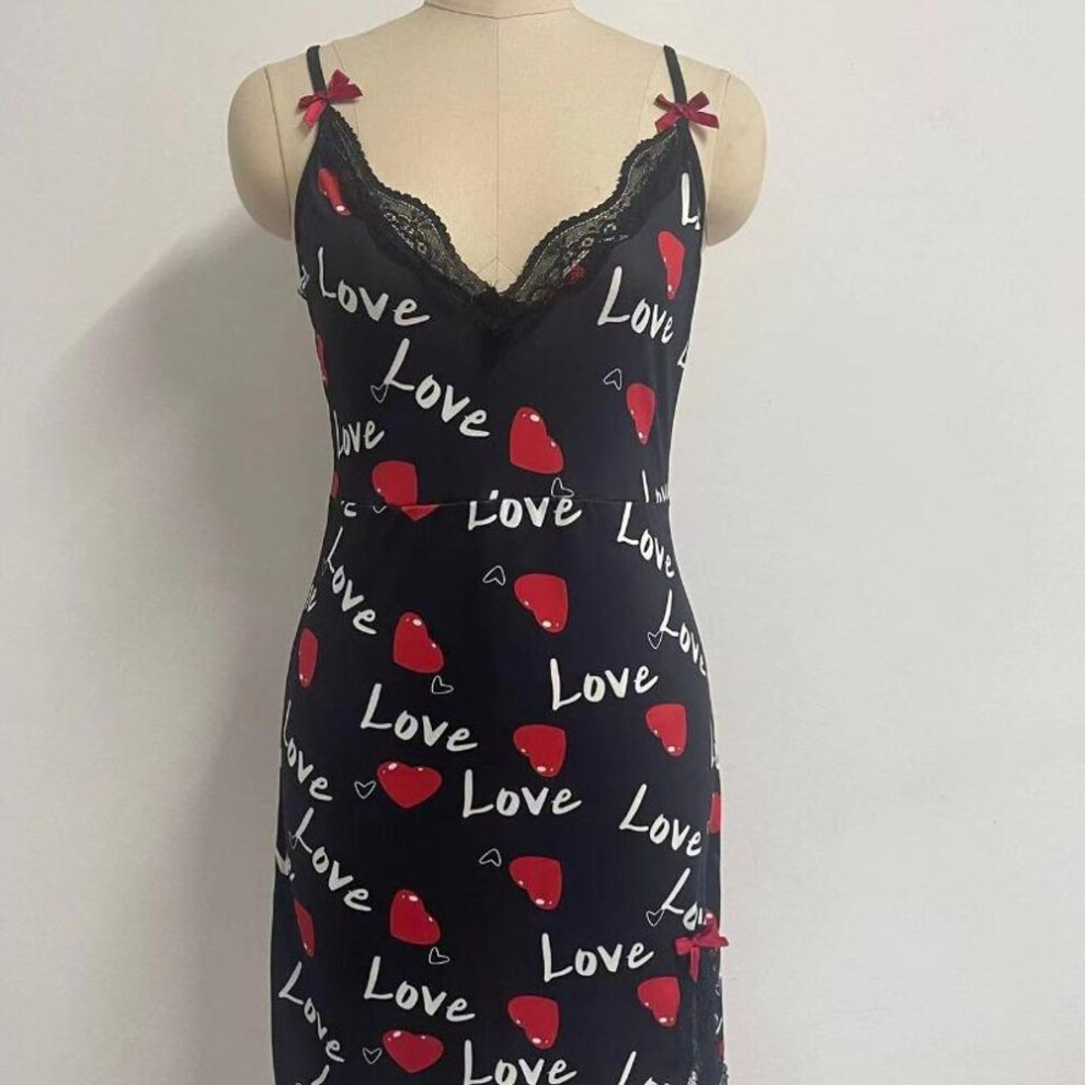 (black, L) Women Sleepwear Nightgown Sexy Lingerie Love Printed Halter Backless Mini Dress Casual Pajamas Sleepshirts Nighties