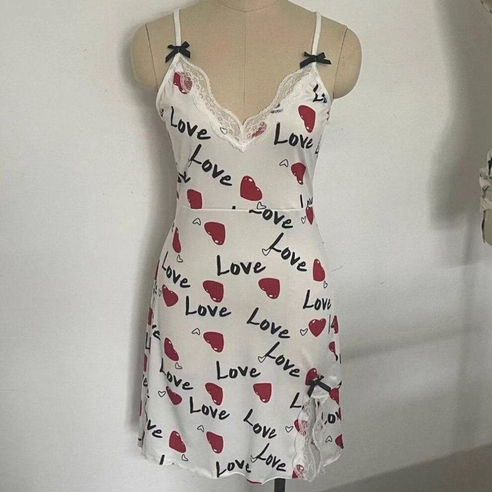 (white, XL) Women Sleepwear Nightgown Sexy Lingerie Love Printed Halter Backless Mini Dress Casual Pajamas Sleepshirts Nighties