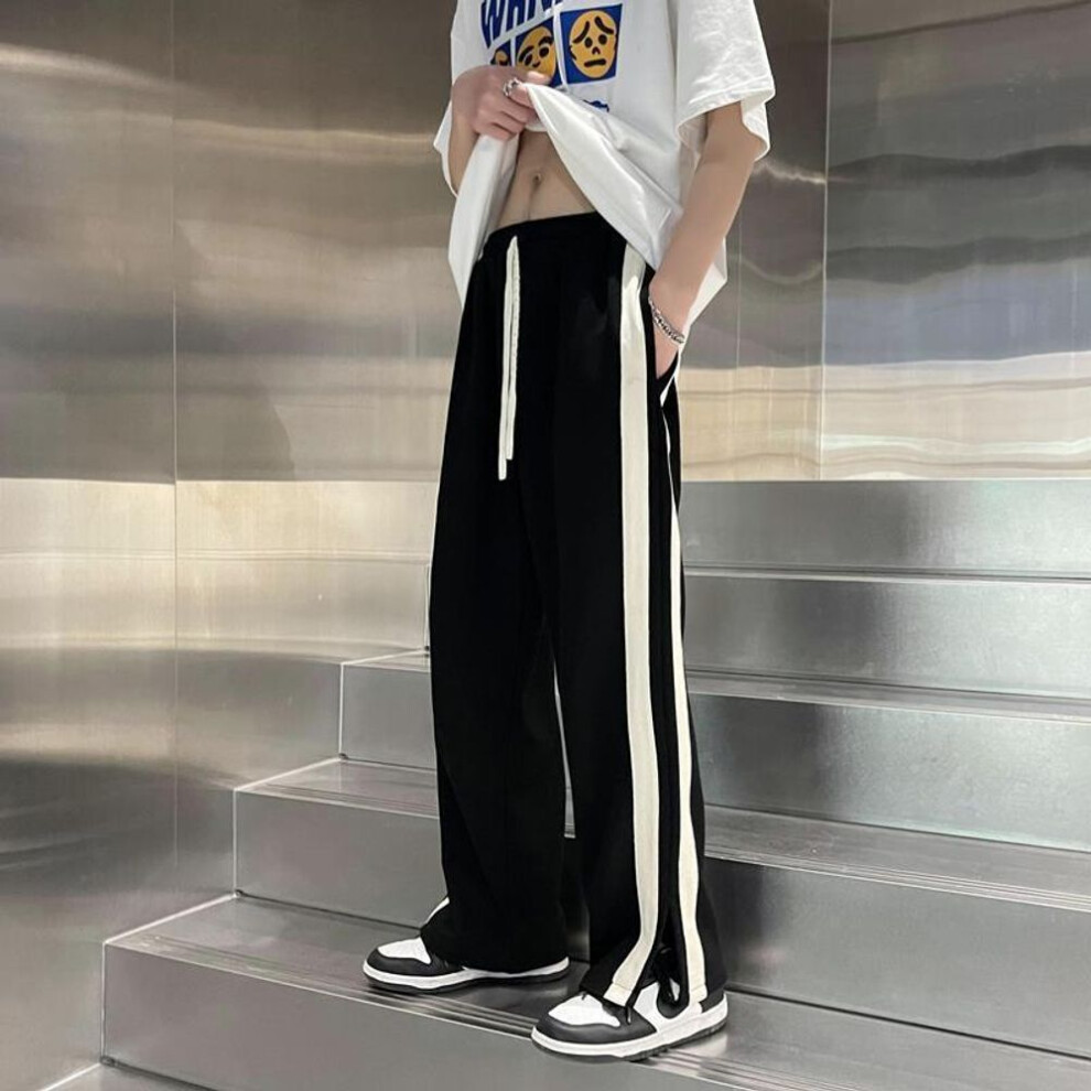 (black, M) Men's Summer Striped Wide-leg Sweatpants: Trendy, Loose-fit With Split Hem