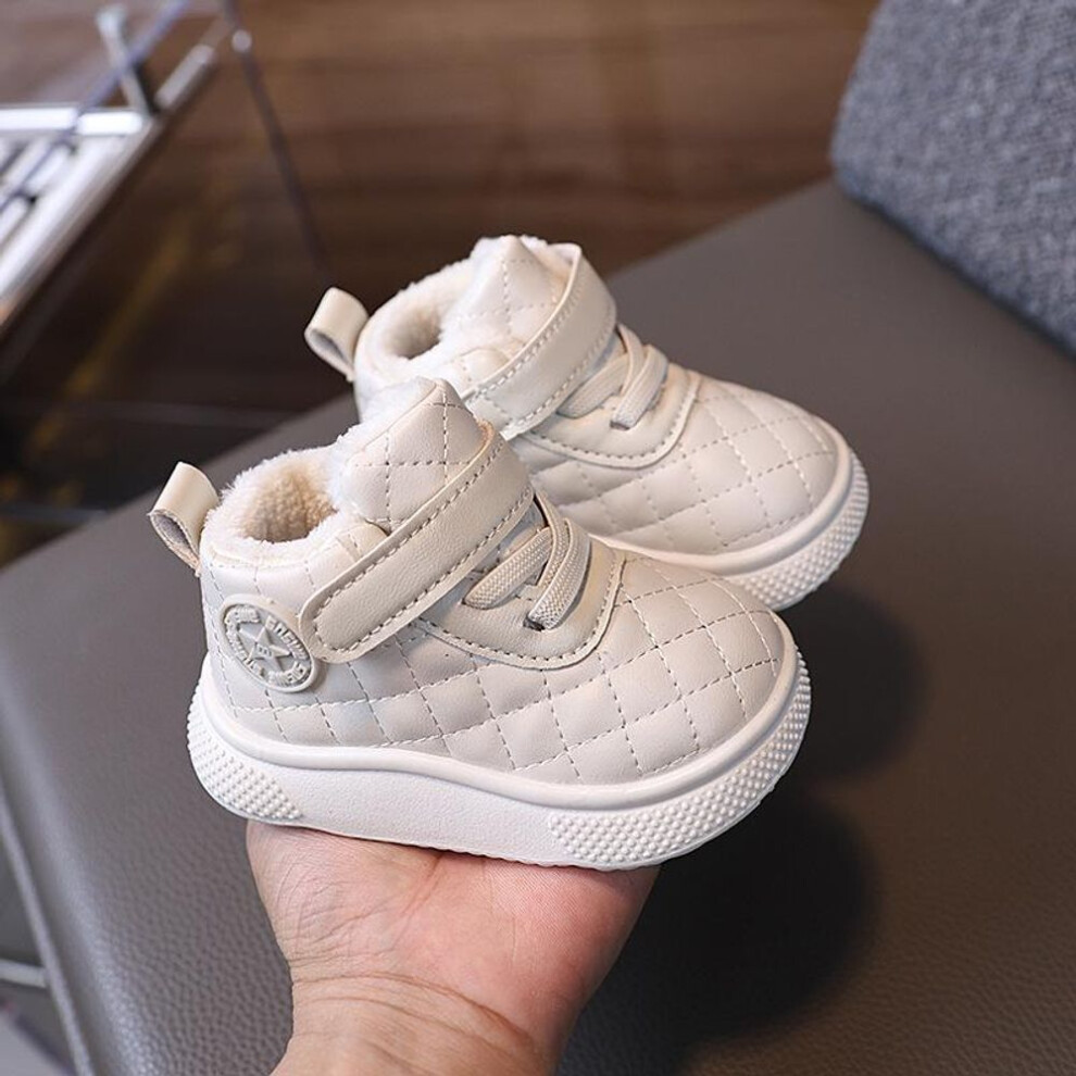 (white, Size 19 / 13 cm length) Autumn/Winter High-Top Toddler Shoes – Soft, Non-Slip, Warm, Velvet Lined for Boys & Girls (Ages 1-3)