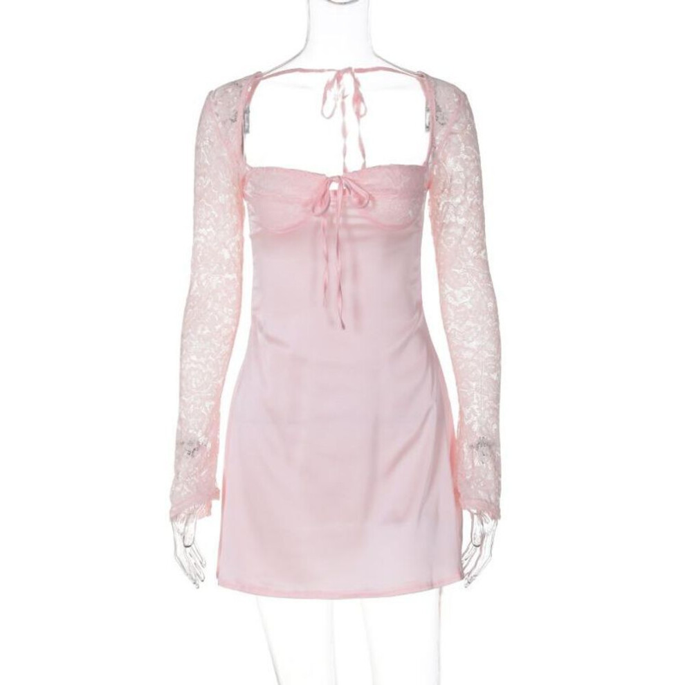 (pink, M) Lace Long-sleeved Sexy Backless Dress Spring Women's Slim-fit Breast Bag Buttock Dress