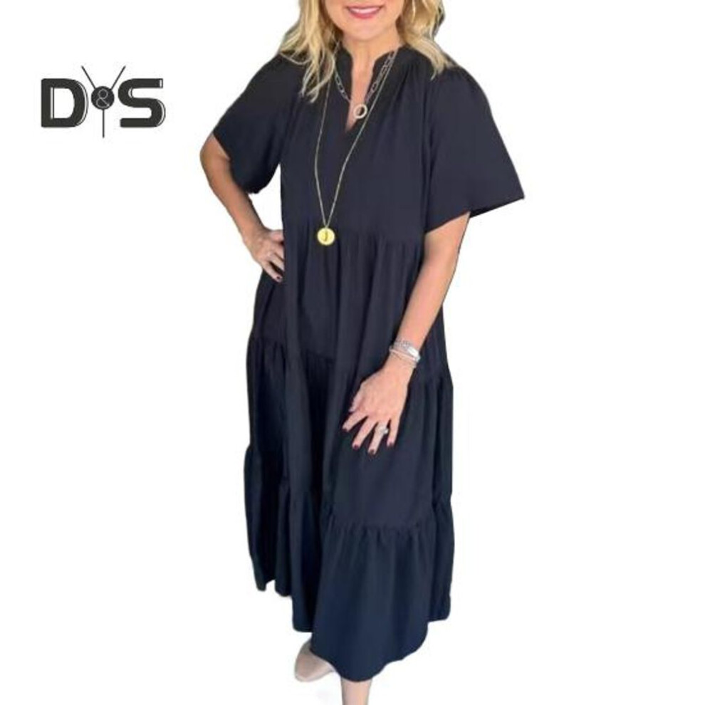 (black, XXL) Women's V-neck Midi Dress Summer Casual Short Sleeve Maxi Dress Flowy Tiered Boho Beach Sundress For Vacation