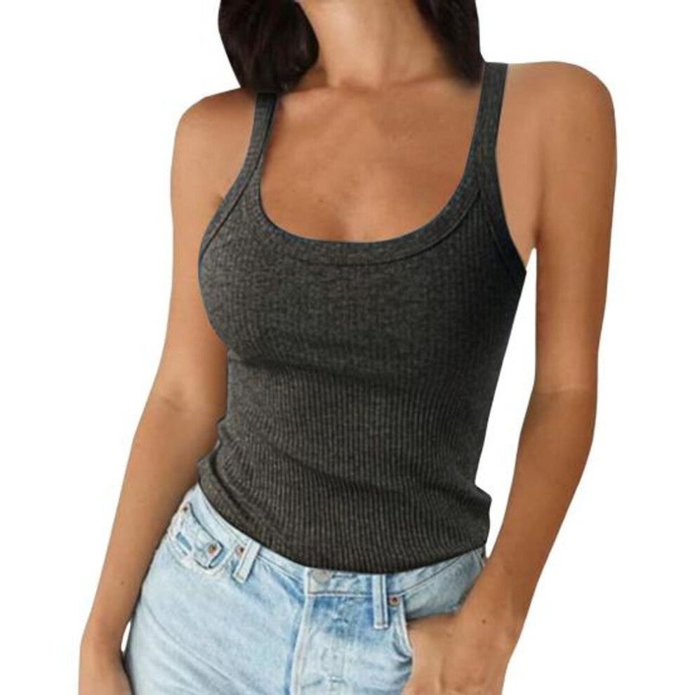 (S, dark gray) Women's Sleeveless Tank Top Spaghetti Strap Scoop Neck Ribbed Knit Camisole Slim