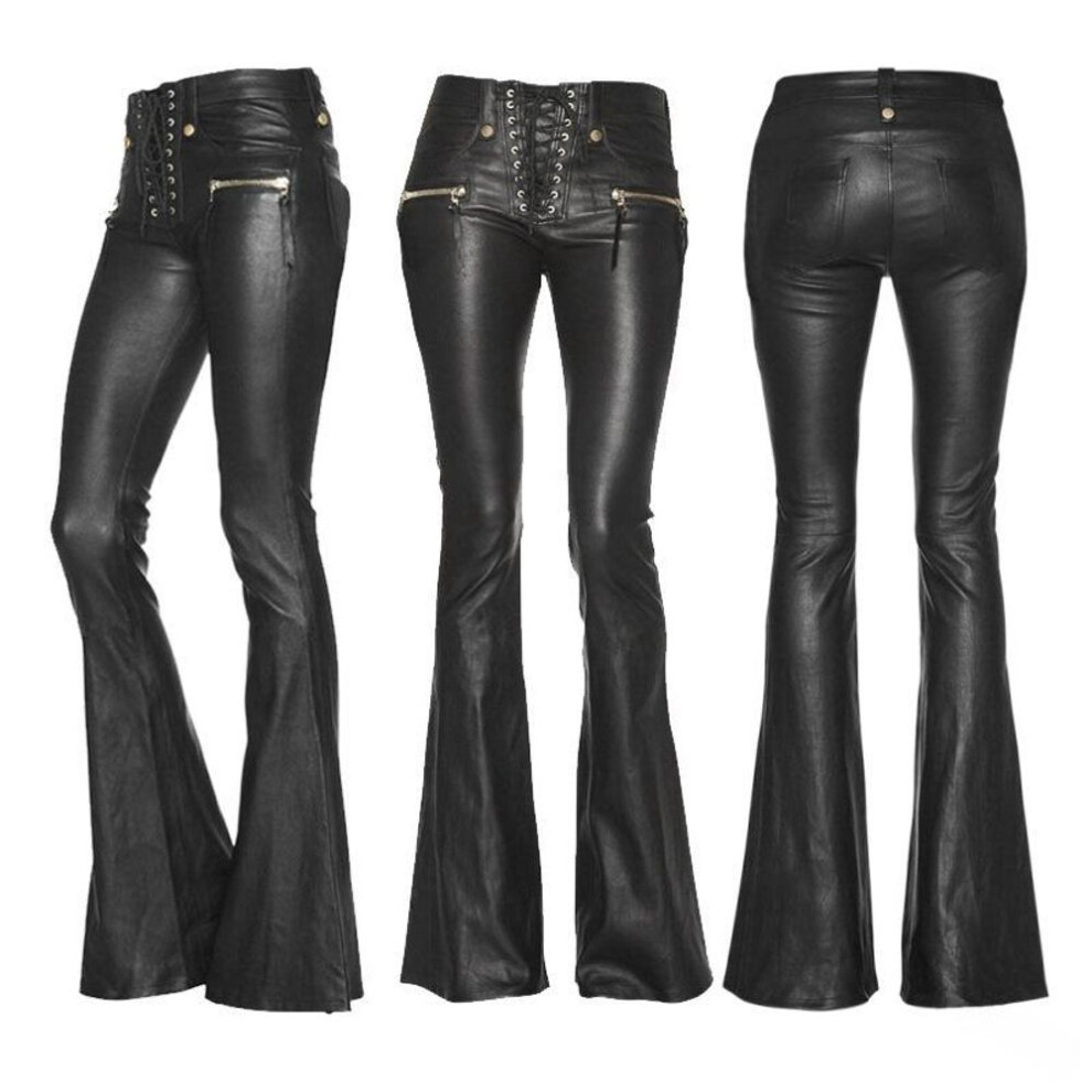 (black, L) "High-Waist Slimming Flared PU Leather Trousers - Casual, Stylish Women's Pants