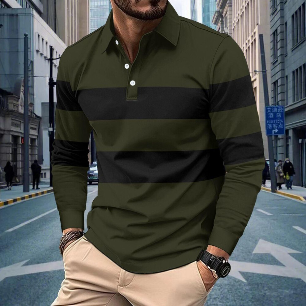(army green, XXXL) Autumn Men's New Long-sleeved Striped Lapel Casual T-shirt Polo Shirt