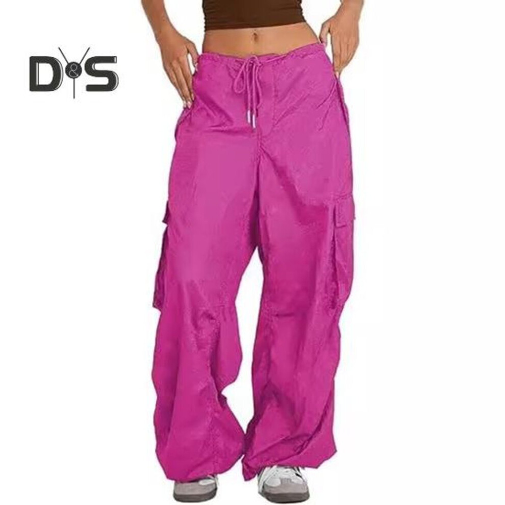 (rose red, S) Women Cargo Pants Adjustable Drawstring Wide Leg Summer Trousers with Multi Pockets Low Rise Solid Color Long Pants