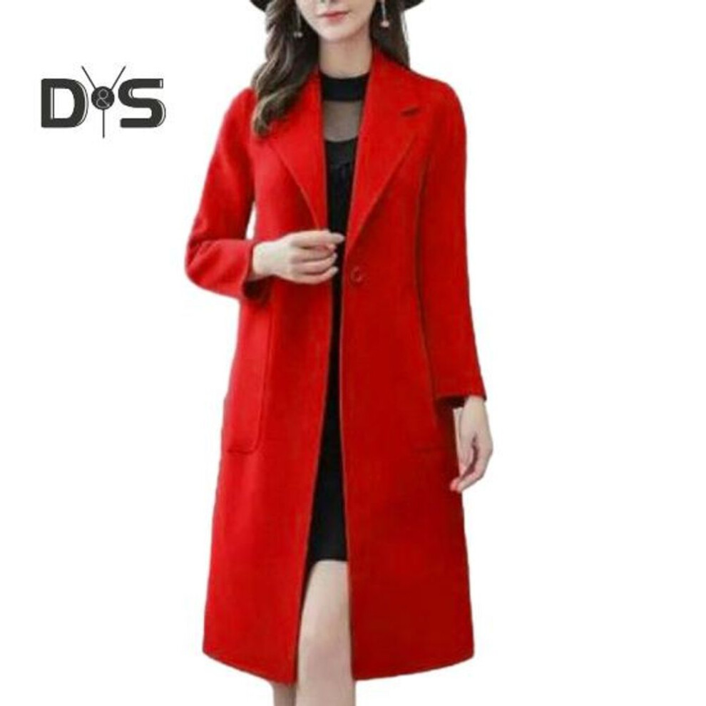 (red, M) Women Winter Coat Turn Down Collar Long Sleeve Mid Length Thick Solid Color Windproof Warm Loose Korean Style Single Button Pockets Lady Overcoat