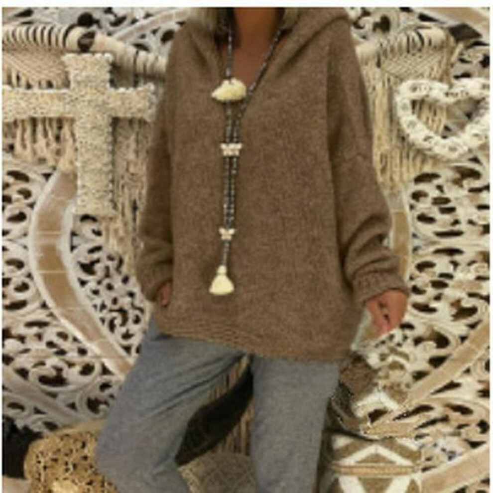 (L, brown) Ladies' 2024 Knitted Hooded Sweater Tops - Casual Style Pullover