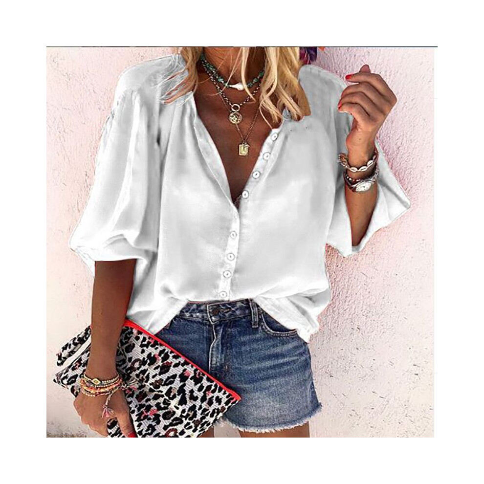 (White,L)Chemise femme manches 34 haut femme coupe ample boutonnée décontractée chemisier tshirt