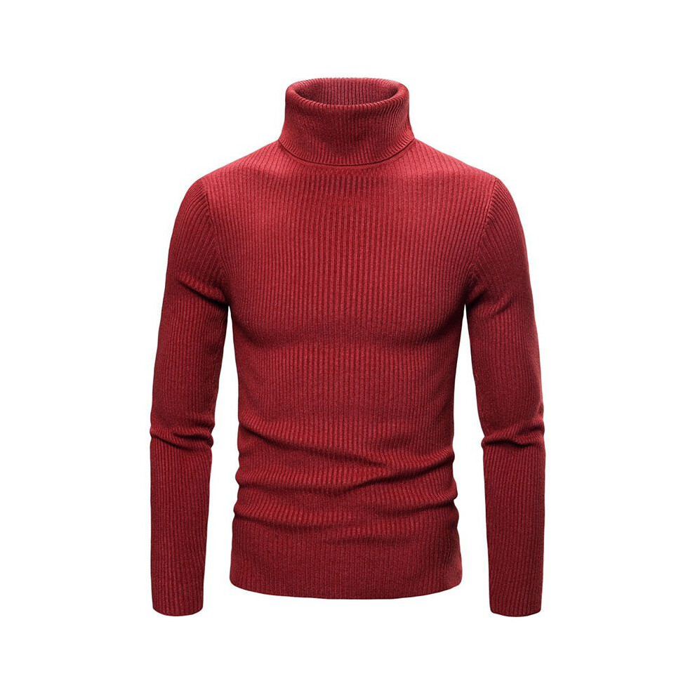 (Red,2XL)T shirt homme manches longues uni col haut col roulé pull haut pull