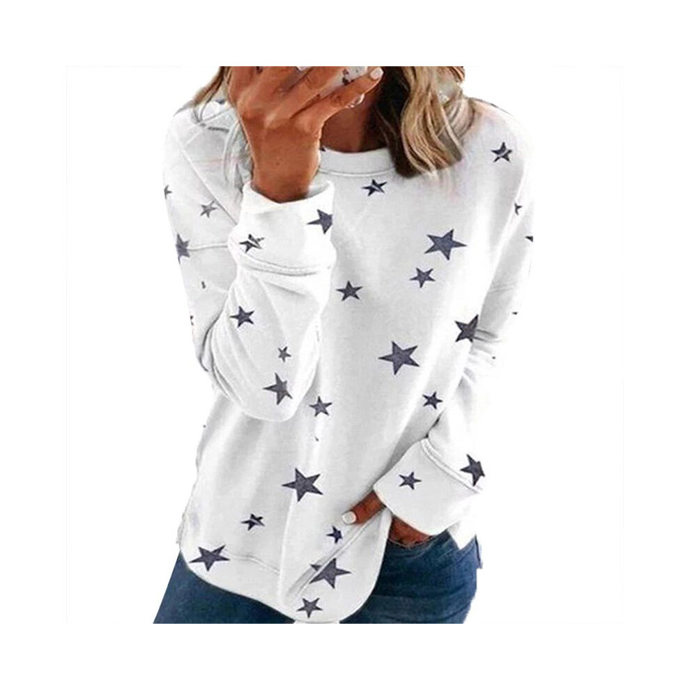 (White,M)T-shirt femme décontracté col ras du cou manches longues ample imprimé étoile t-shirt haut chemisier