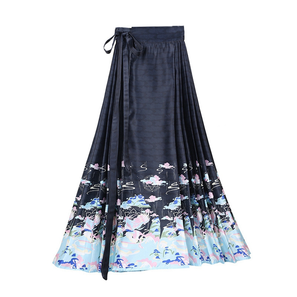 Jupe portefeuille plissée traditionnelle chinoise pour femme, motif tête de cheval, noire (L)