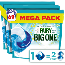 Fairy Non Bio The Big One PODS®, Washing Liquid Laundry Detergent Capasules, 69 Washes (3x23), 2X Stain Removal, Huggab