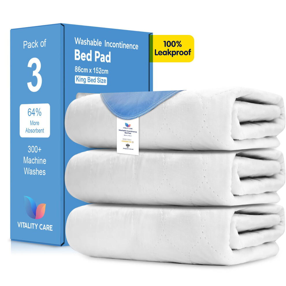 Vitality Care (3X King Bed 86X152cm) Washable King Bed Pad Incontinence Reusable Bed Pads Super Absorbent 86 X 152Cm