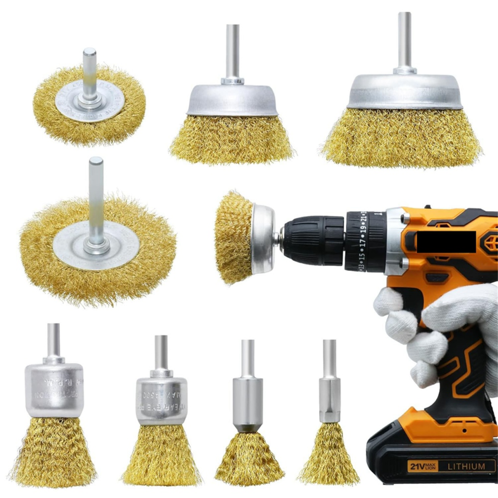 Brass Wheel Cup Brush Set 8 Piece,Coarse Crimped Carbon Wire For Cleaning Rust,Corrosion,Paint,Yellow 4852431754702