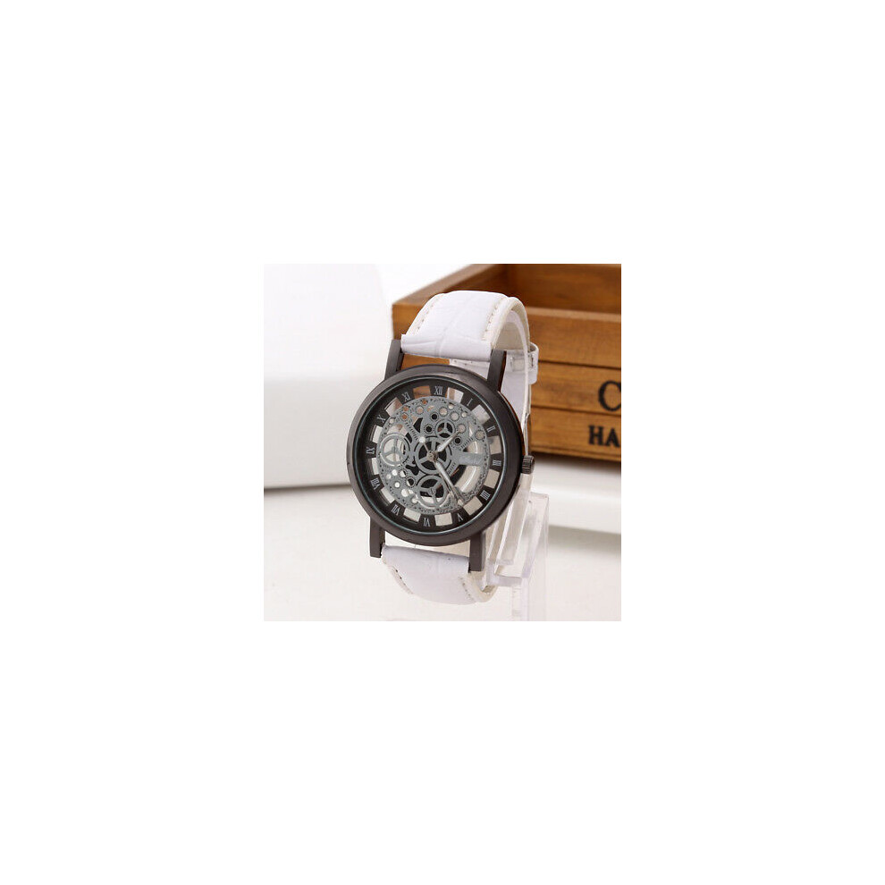 (WhiteBlack)Montre-bracelet pour homme squelette bracelet en cuir gravure creux entreprise vente quartz