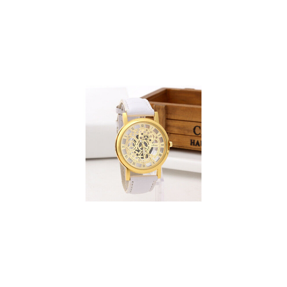(WhiteGolden)Montre-bracelet pour homme squelette bracelet en cuir gravure creux entreprise vente quartz