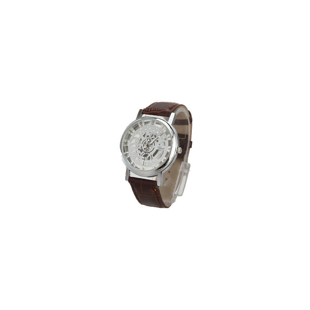 (BrownWhite)Montre-Bracelet Homme Squelette Bracelet Cuir Gravure Creuse Business Quartz Vente