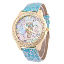 (Blue)Damen Eule Druck Uhren Leder Armband Mode Dekoration Armbanduhr Geschenk