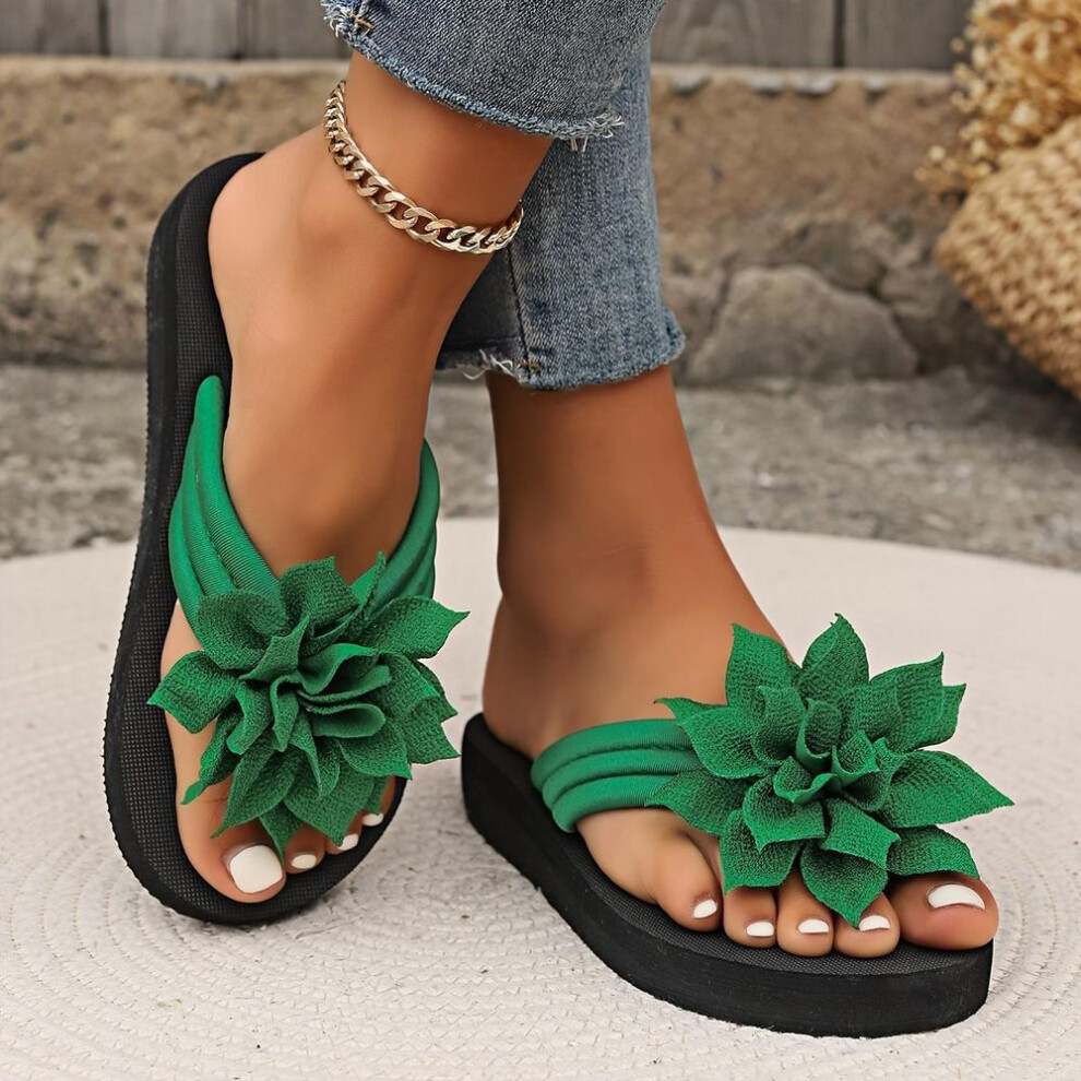 (green, 38) Order A Size Up All-season Floral Embellished Flip-flops - 1pc Women's Solid Color Slip-on Vacation Style - Fabric Upper, Eva Sole & Insole, Mid H