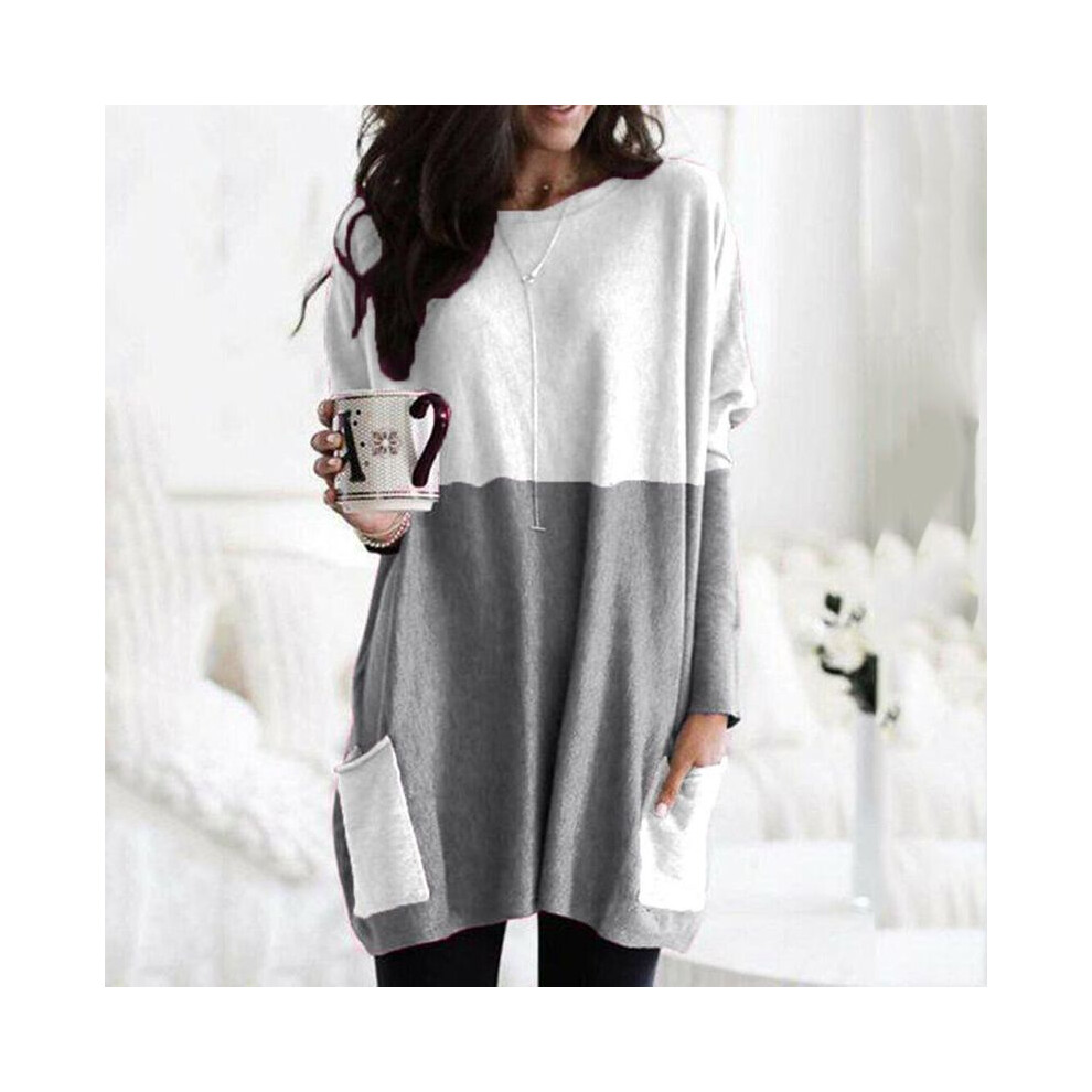 (Gray+White,3XL)Pull femme mini robe chemisier chemise décontractée hauts longs sweat-shirt