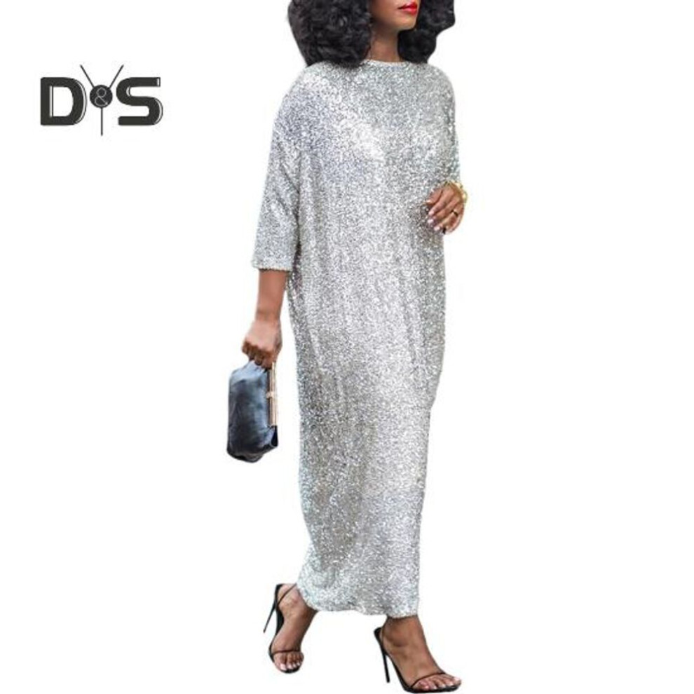 (silver, L) Women Dress Oversized O Neck Shiny Sequin Three Quarter Sleeve Ankle Length Soft Pullover Elegant Commute Style Lady Maxi Dress