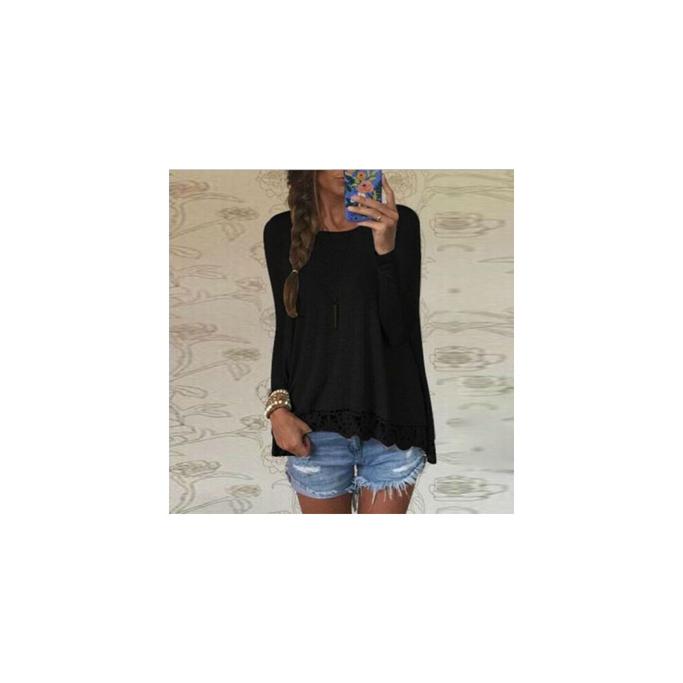 (Noir,Tag XL=US M（UK Size 14）)Femme Blouse Manches Longues Dentelle Sweat Lâche Tshirt Pull Hauts Coton Gris