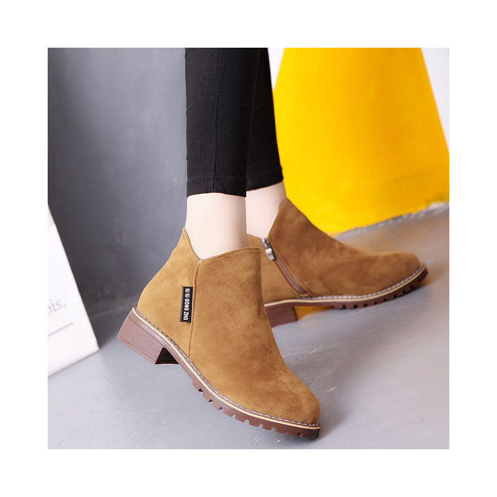 (Khaki,EU39=Foot Length24.5cm)Bottines femme hiver neige faux daim fermeture éclair gros talon bas